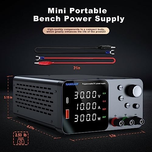 30V 10A Adjustable Bench Power Supply, USB & Type-C Quick Charge, Short Circuit