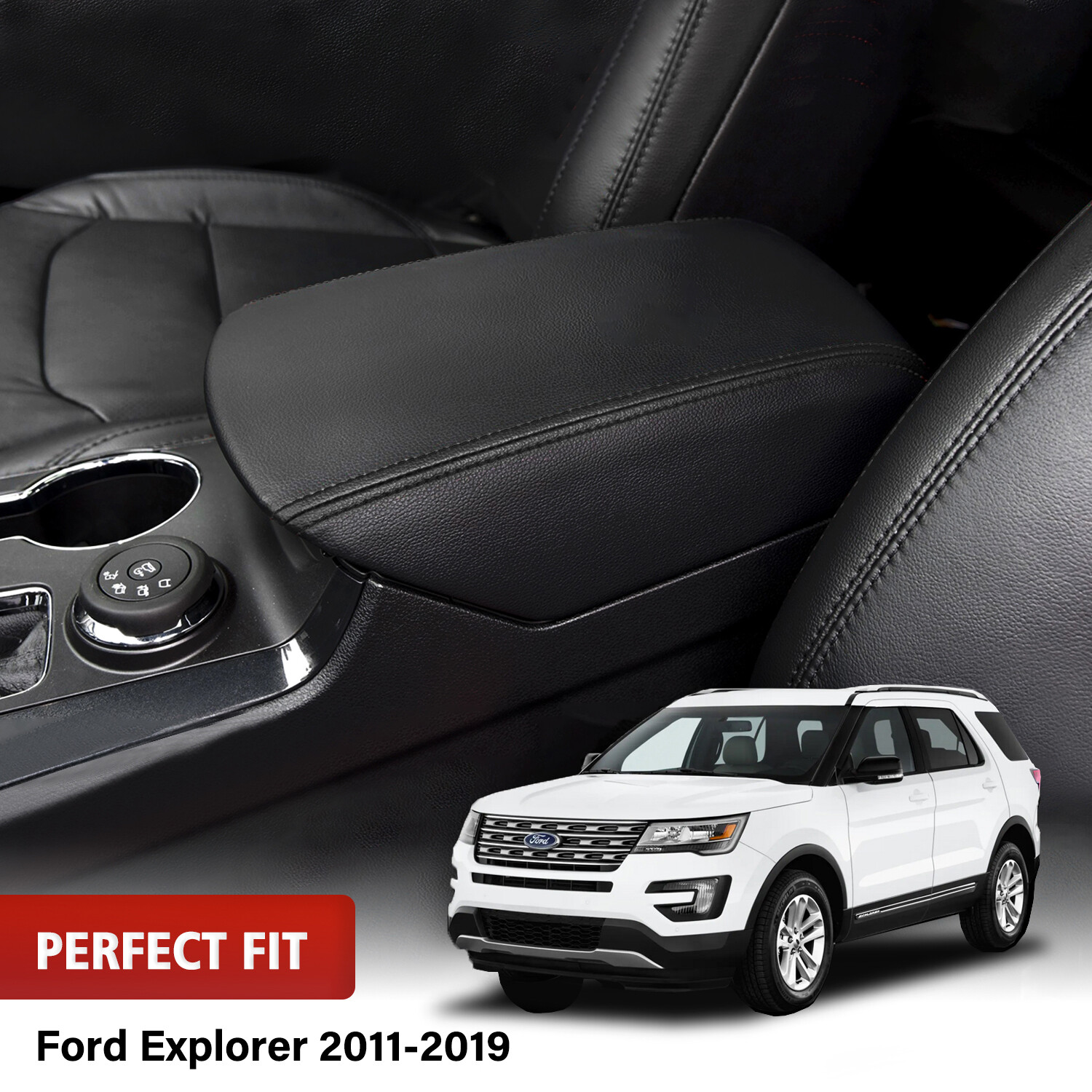 Fits 2011-2019 Ford Explorer Center Console Lid Armrest Leather Cover Trim Black