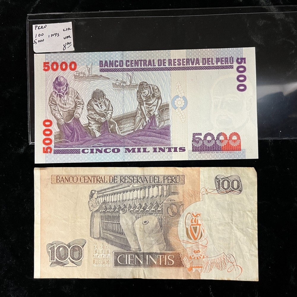 Peru 1987 Circulated 100 Intis & 1988 UNC 5000 Intis Notes
