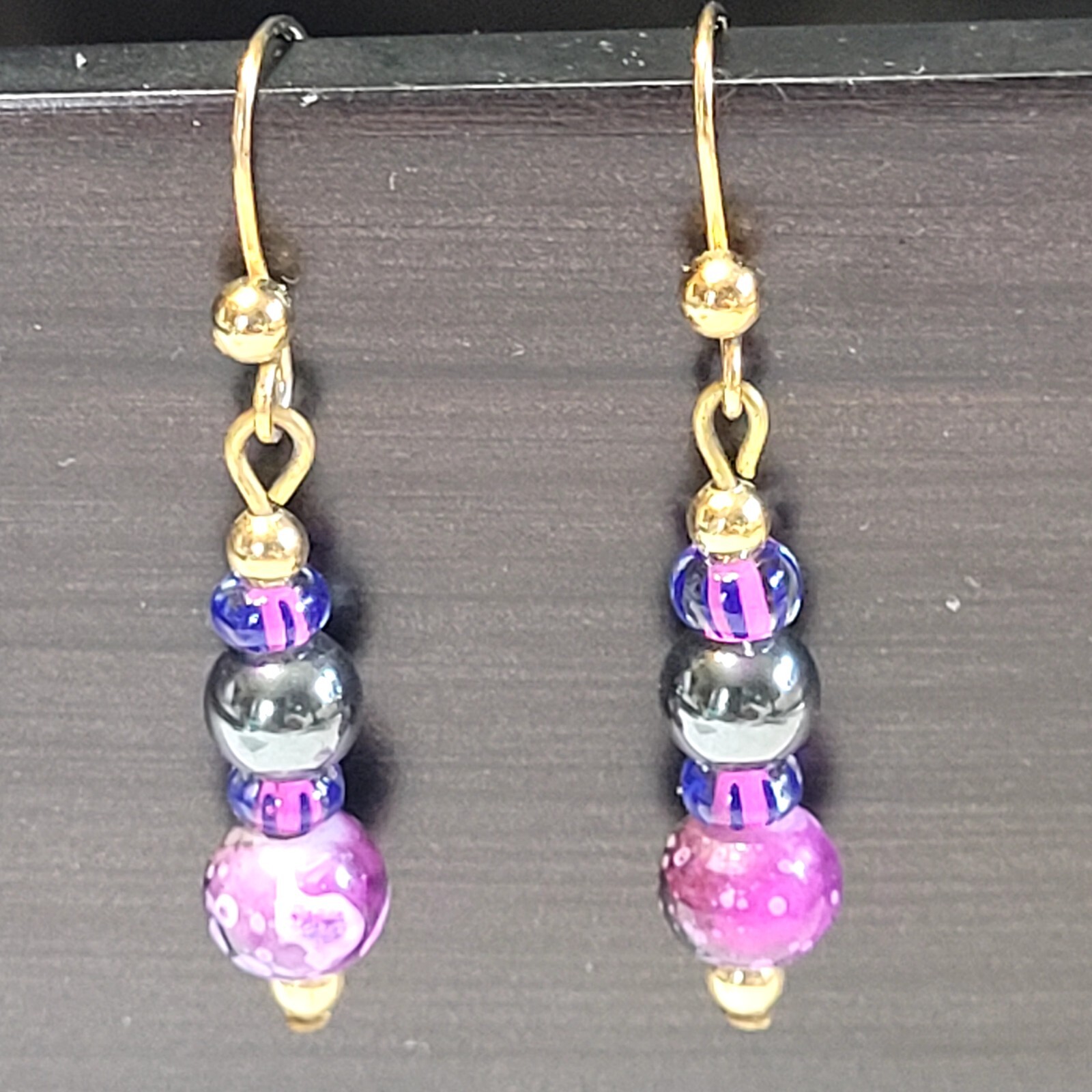 Goldtone Purple, Black, And Gold Beaded Pierced Hook Earrings