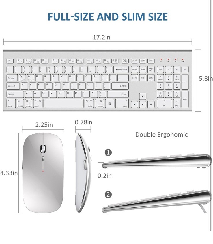🔥Silver, White Wireless Keyboard, Mouse, Rechargeable Full Size Flat, Thin Set