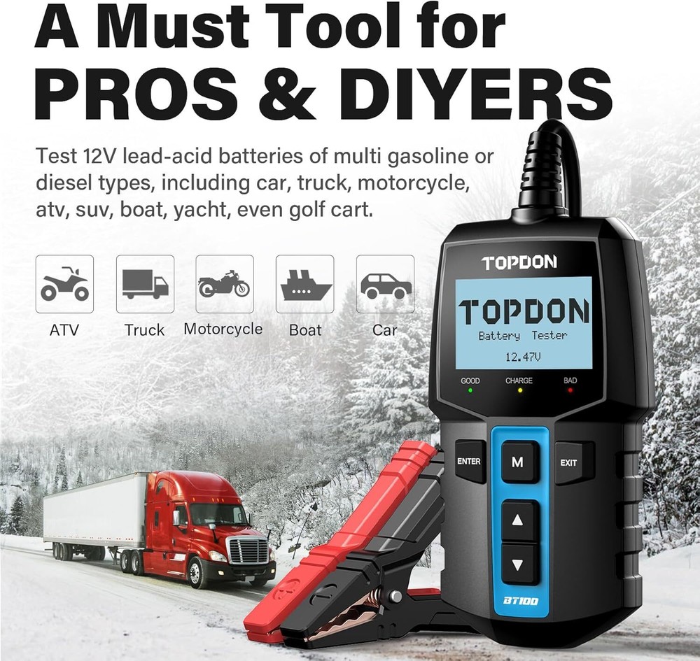 TOPDON BT100 Car Battery Tester 12V Load Tester Charging System Analyzer