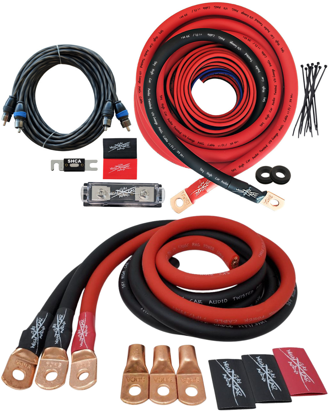 1/0 Ga AWG Amp Kit 1/0 GA Big 3 Upgrade Red Black Sky High Car Audio BUNDLE