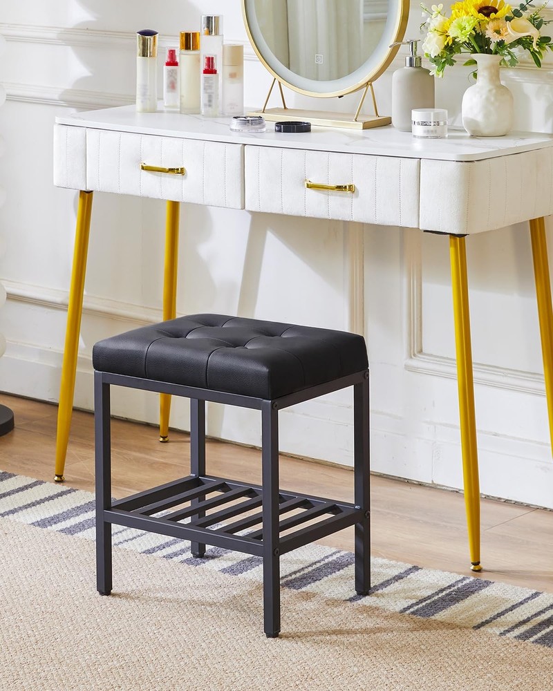 Rectangular Makeup Stool Adjustable Feet Storage Space PU Vanity Seat Black