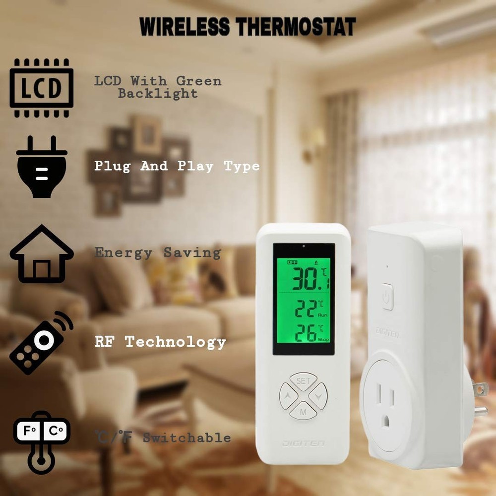 DIGITEN Wireless Temperature Controlled Outlet, Digital Plug-in White, Black