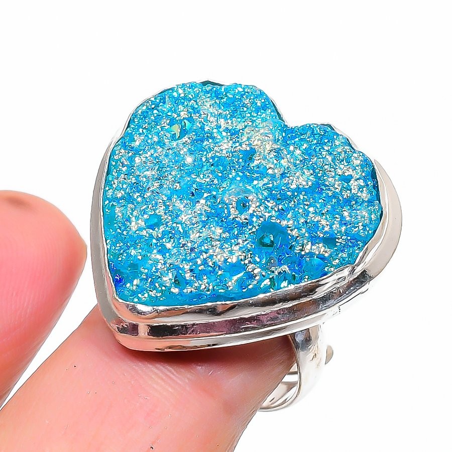 Blue Titanium Druzy Gemstone Handmade 925 Sterling Silver Adjustable Ring R487