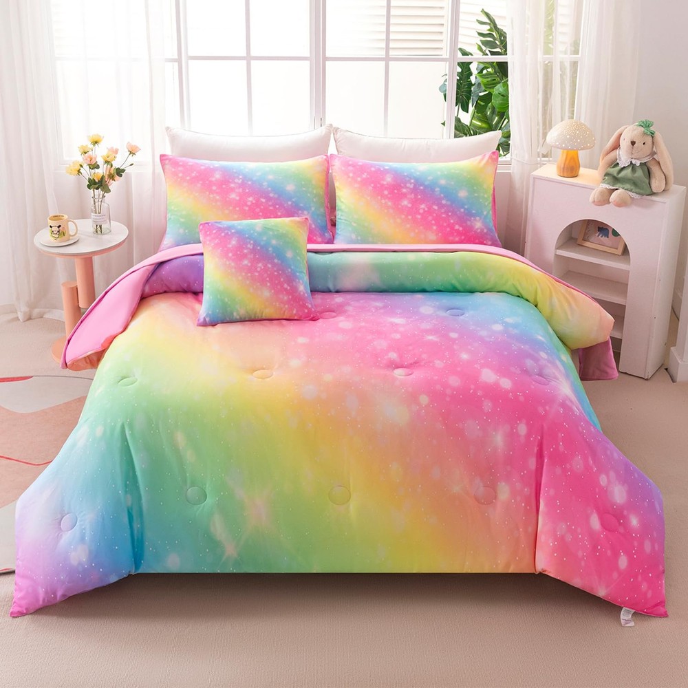 6 PCS Twin Size Comforter Set Gradient Rainbow Glitter Bedding Sheet Decor