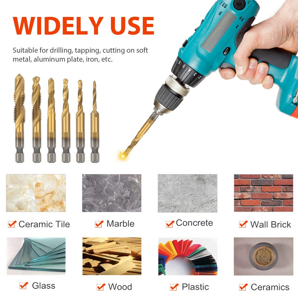 12Pcs 1/4in Hex Shank HSS Screw Thread Countersink Tap Drill Bit Combination Set