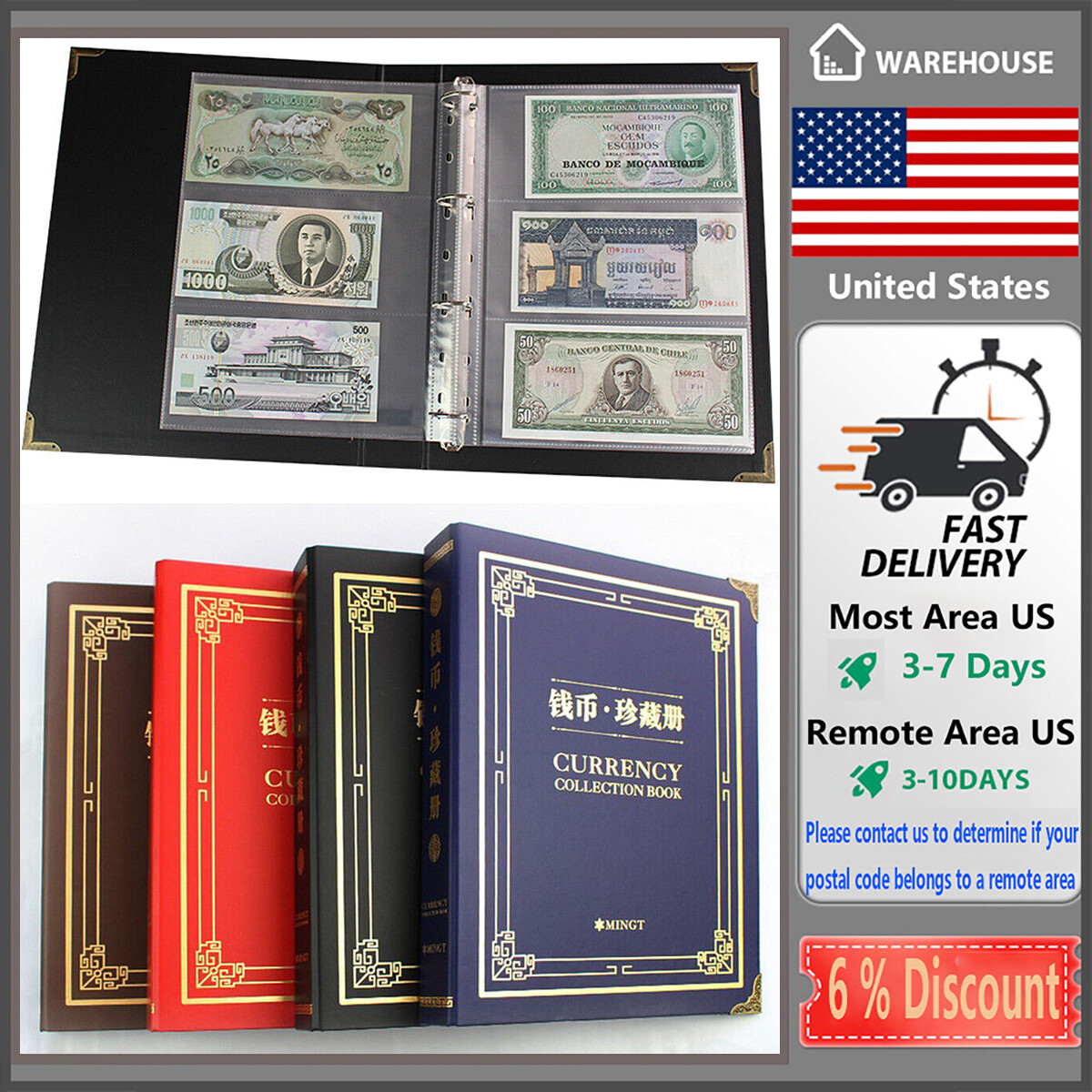 300Pc Pocket Currency Paper Money Album Banknote Storage Collection Holder Album