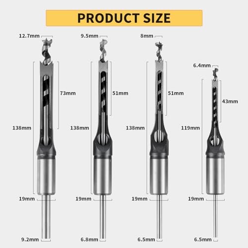 Square Hole Drill Bit Adapter with 4pcs Square Hole Drill Bit, Mortising