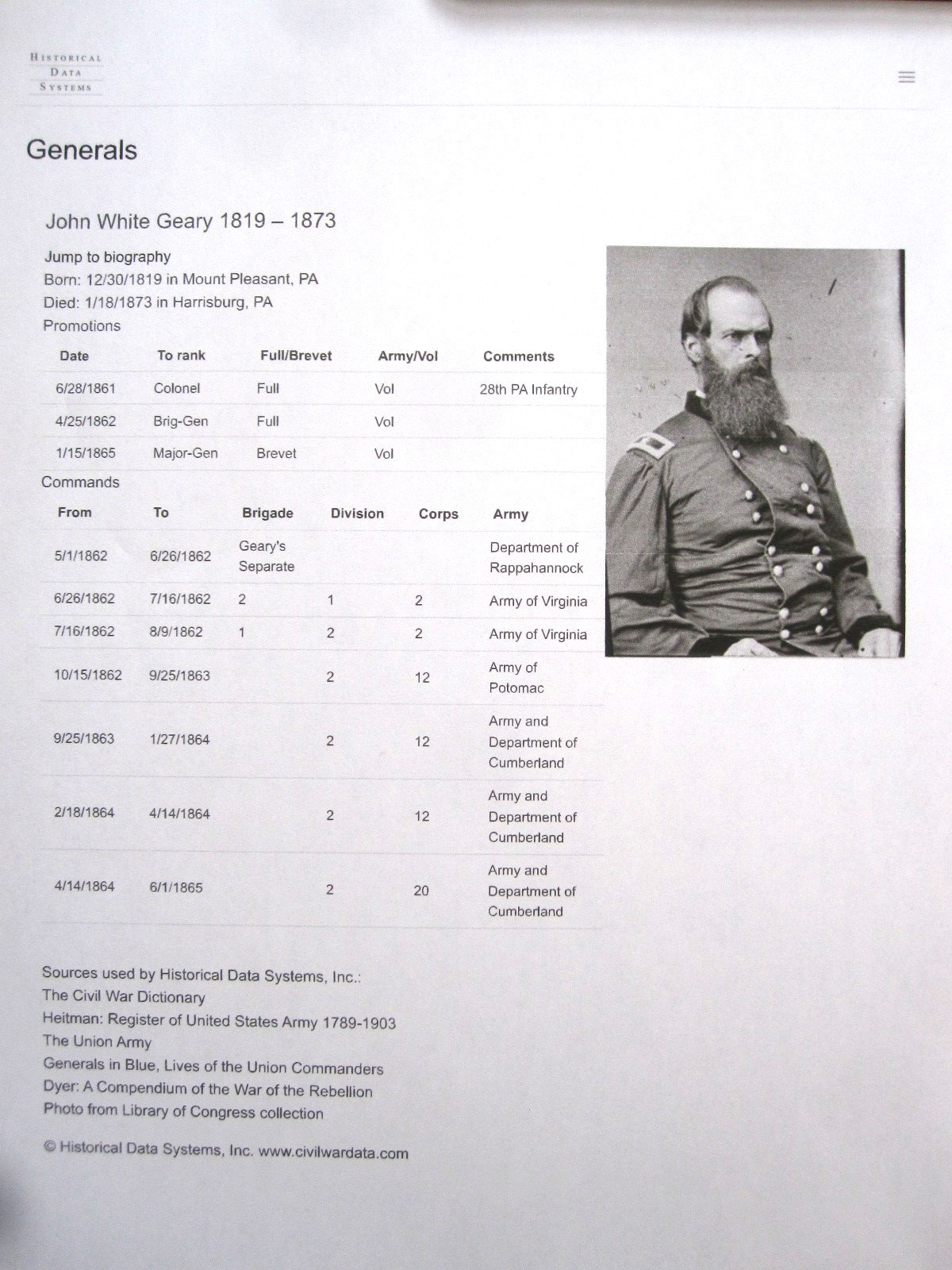 CDV - Civil War Gen. John White Geary of PA - Portrait
