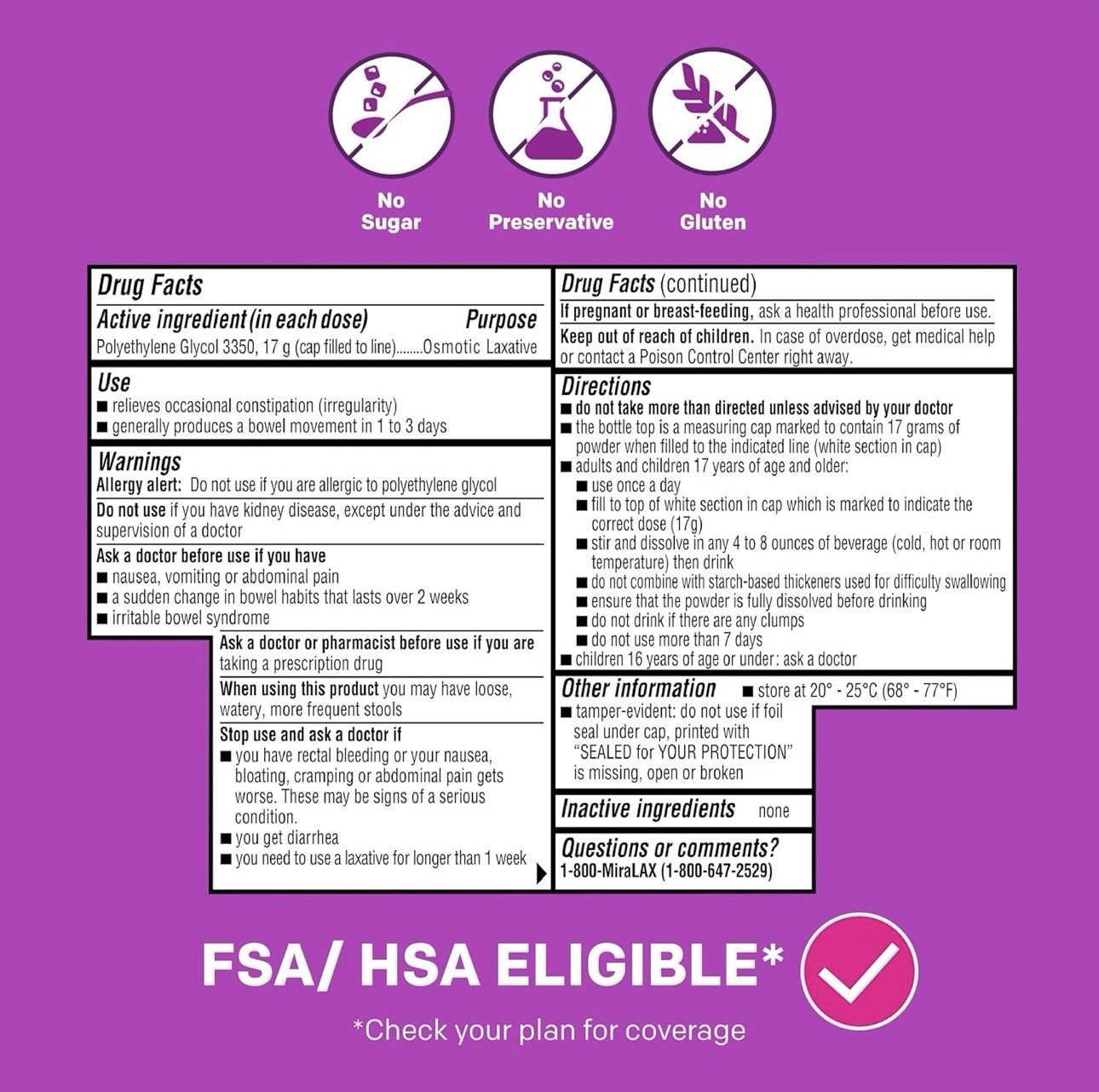 MiraLAX Gentle Constipation Relief Laxative Powder, 26.9 oz - FAST SHIPPING!