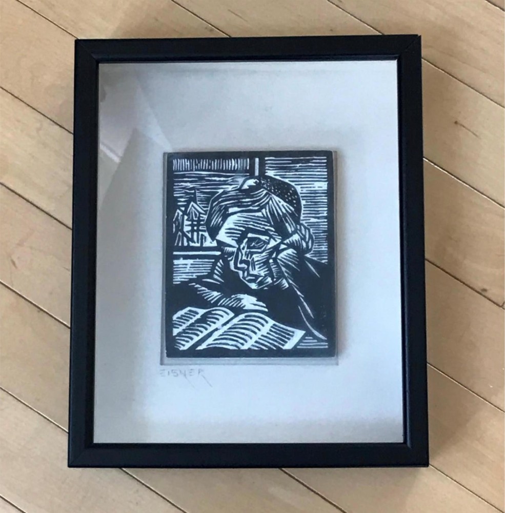 Boy Reading Carved Woodblock Mounted in Shadowbox by Jack Eisner Signed