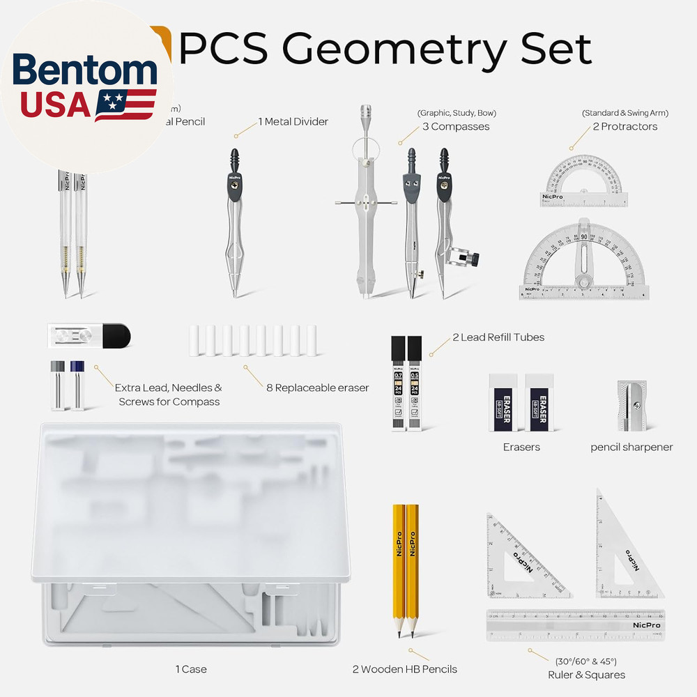 22 PCS Compass Geometry Tools with Case, Drafting Tools Geometry Set with Swing