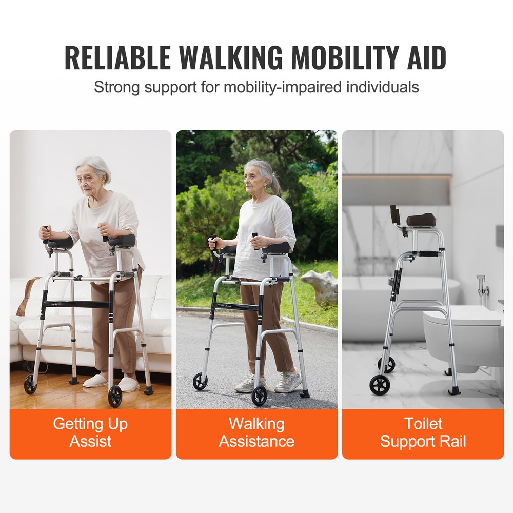 VEVOR 2 in 1 Folding Walker with Armrest Pads & 5" Solid Wheel Height Adjustable