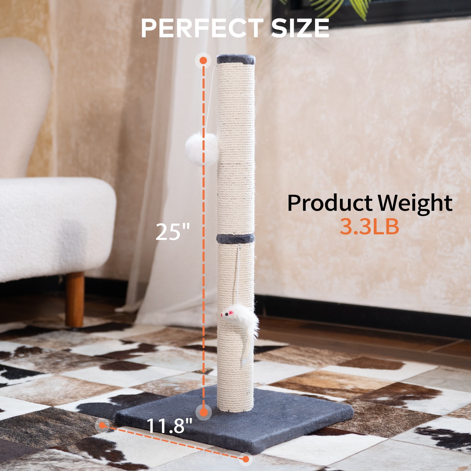 Cat Scratching Post, 25"H Sisal Vertical Scratcher Post with Toys for Indoor