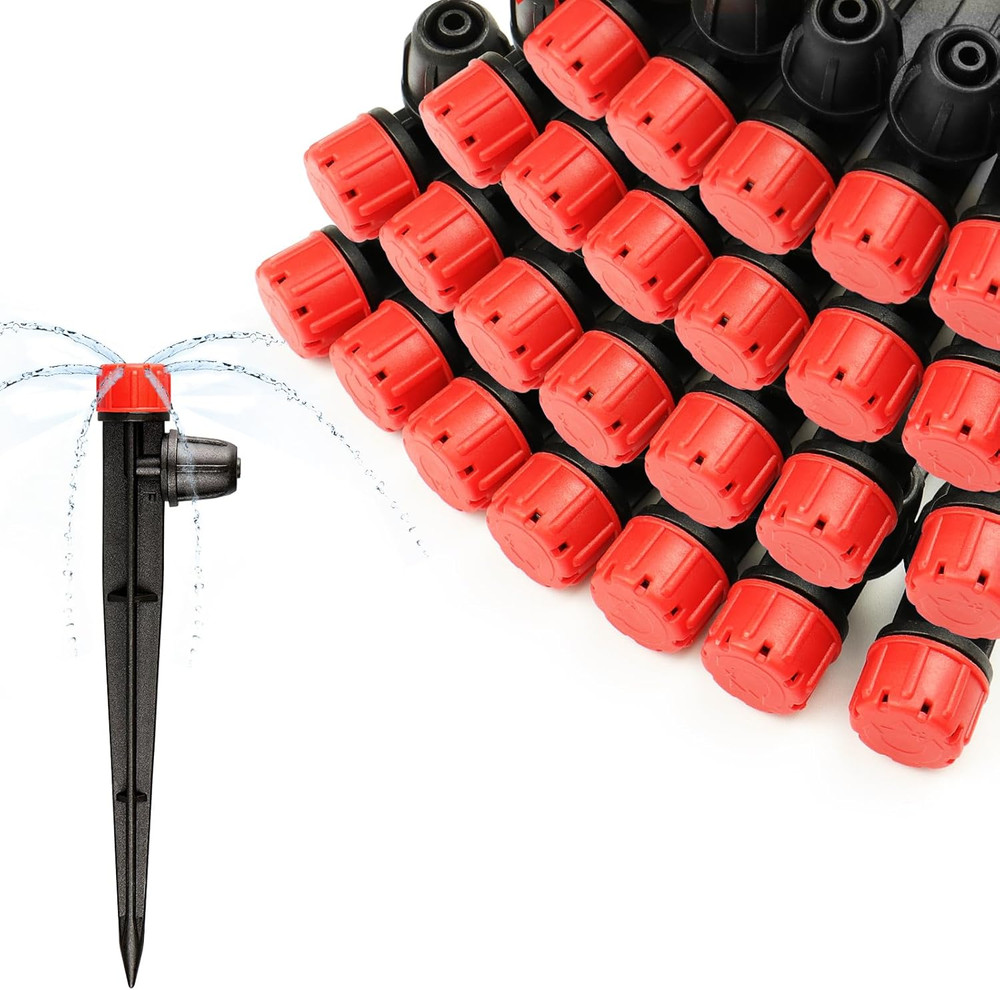 25 Pack Drip Irrigation Emitters with Stake, Adjustable 360° Sprayers 1/4"