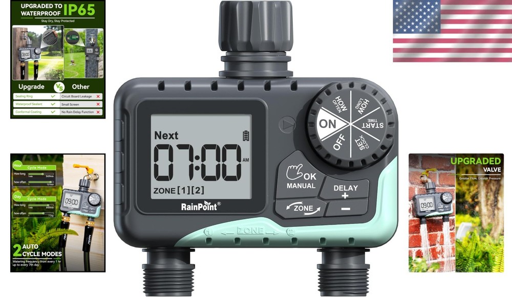 Easy Setup 2-Zone Sprinkler Timer for Yard Lawn - Rain Delay