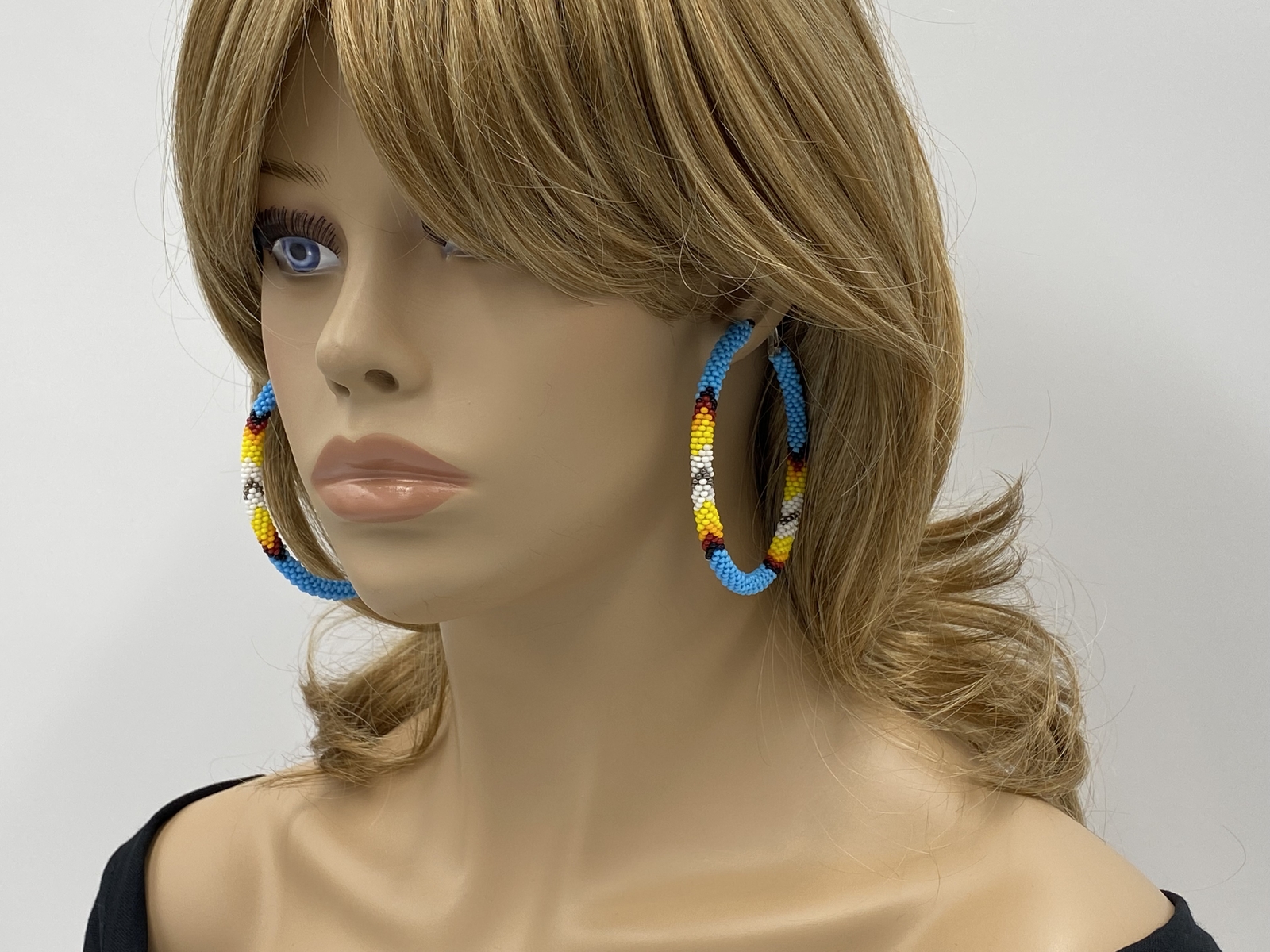 Handmade Beaded Cyan Blue 3-inch Lever back Hoop Earrings