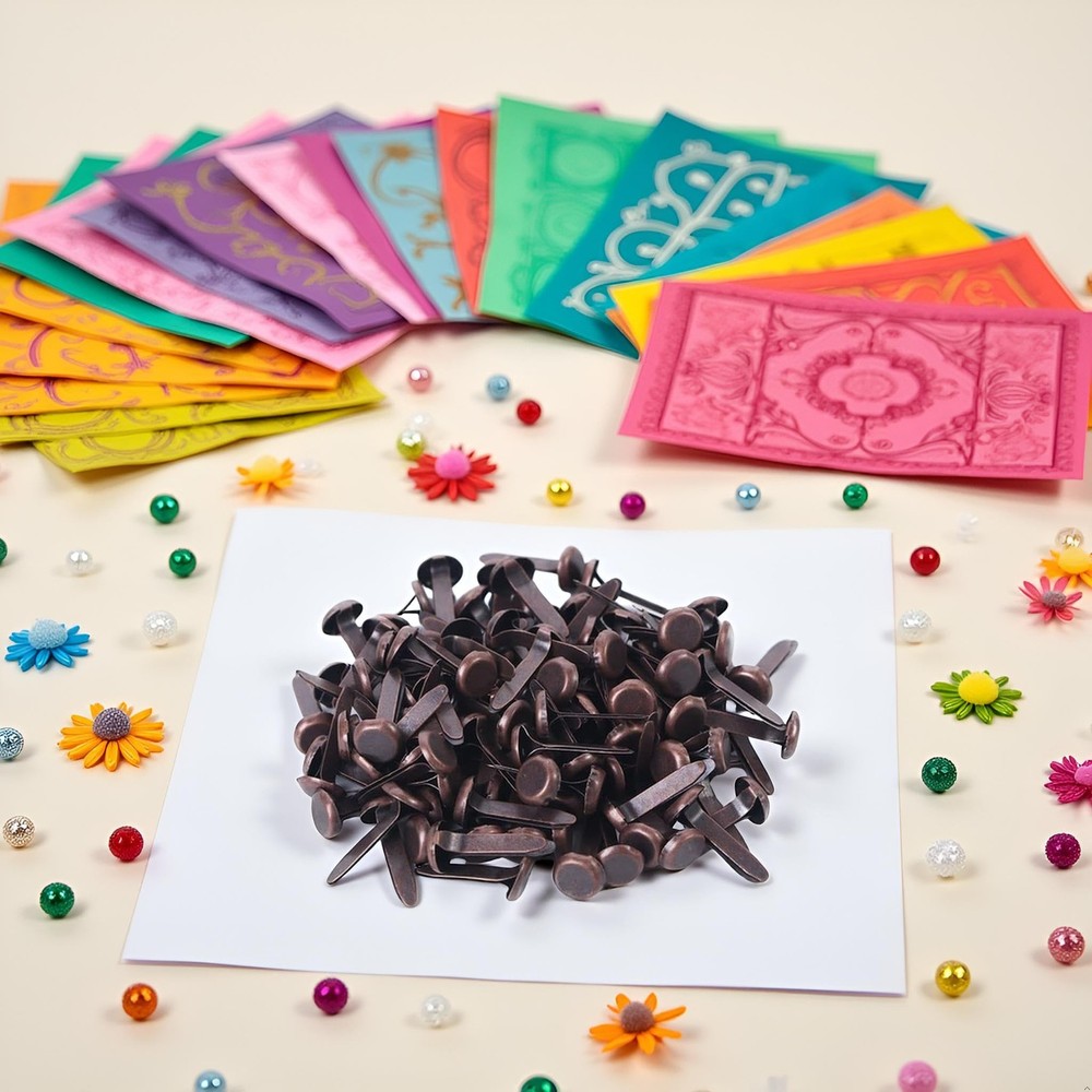 100 Pcs Copper Multicolor Mini Brad Fasteners Round Paper