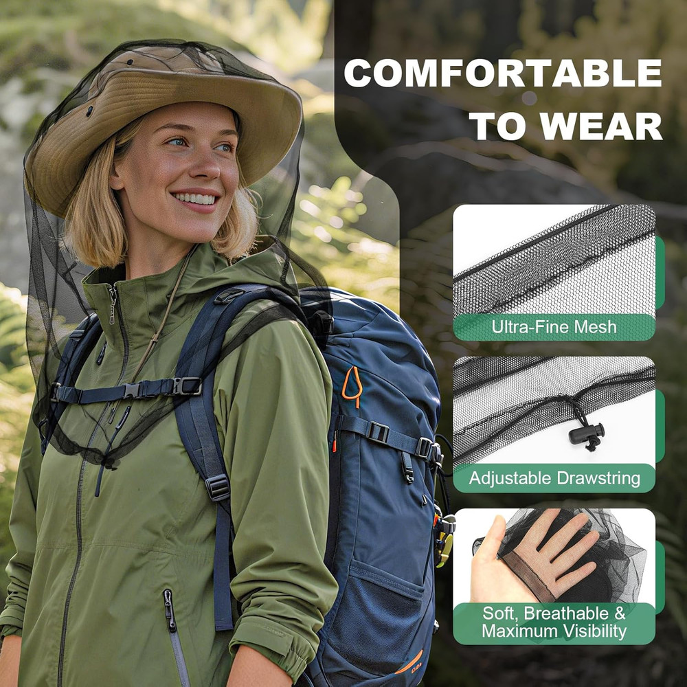 2Pc Mosquito Head Net Drawstring Bug Face Net Large Breathable Outdoor Hood
