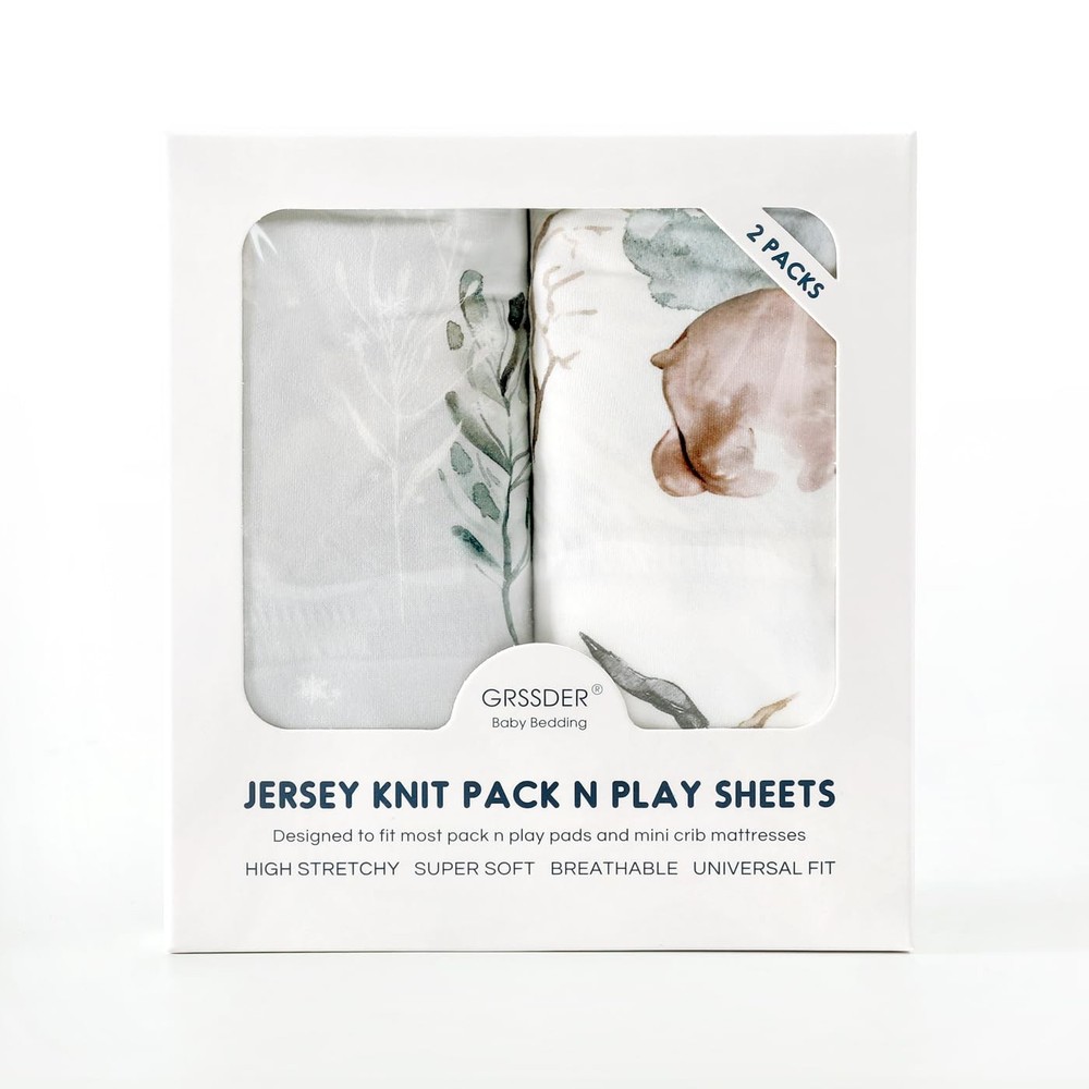 2 Pack Ultra Soft Stretchy Bear Wolf Jersey Knit Fitted Pack Play Sheets Set