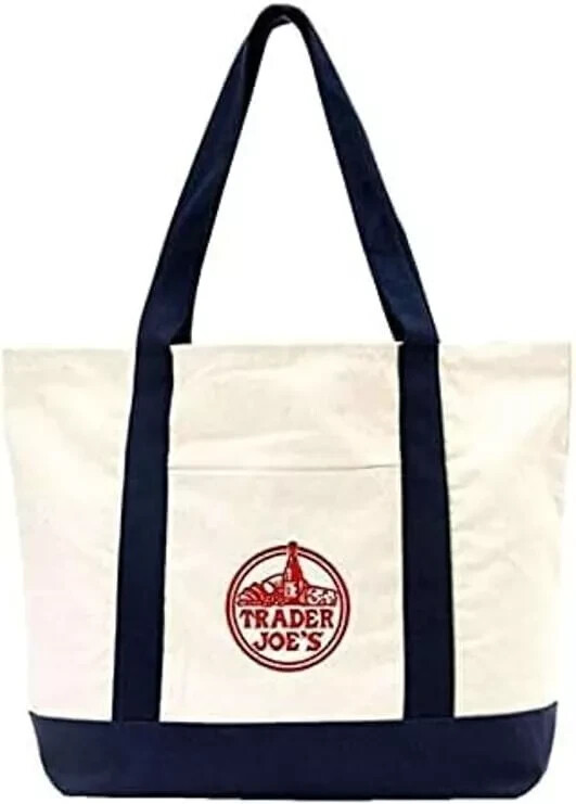 Trader Joe’s Reusable Heavy Cotton Canvas Shopping Bag, Off White & Navy, Large