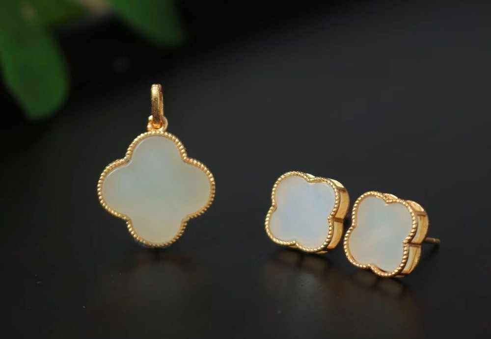 Hetian Jade Silver Earring and Necklace four leaf clover set