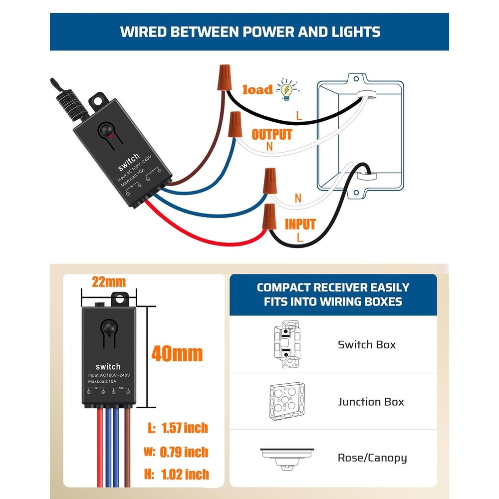 Mini Wireless Light Switch and Receiver kit, No Wiring Mini Remote Switch, No...