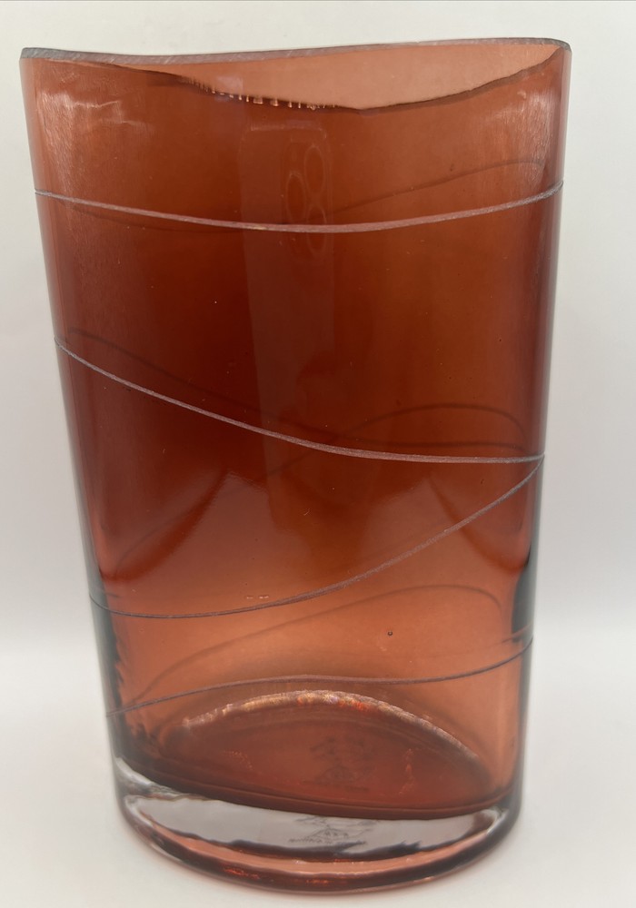 Ruby Red Etched Glass Horizontal Lines Clear Base FTD 7” Oval Top Vase