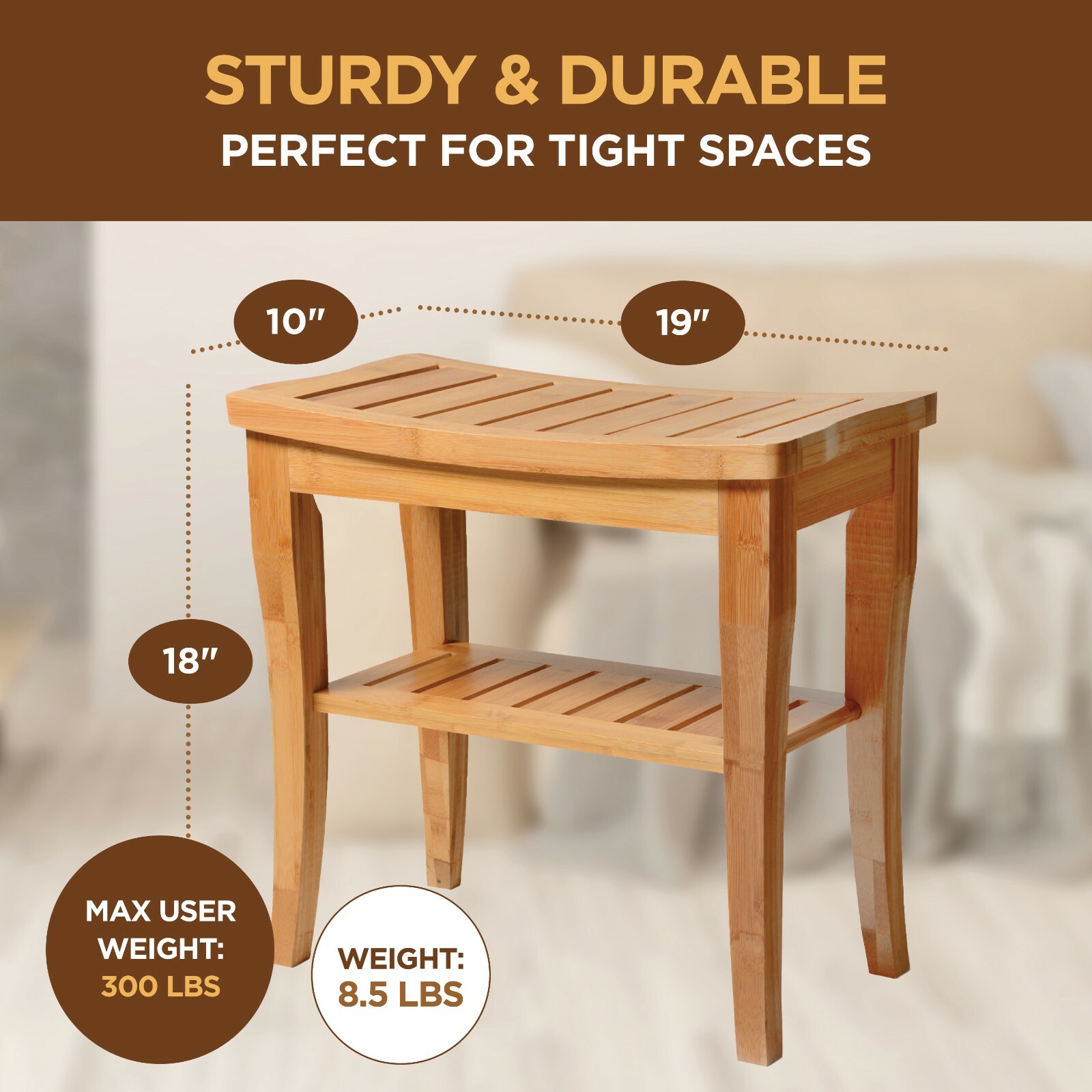 Bamboo Shower Seat Bench Bathroom Spa Bath Organizer Stool with Storage Shelf