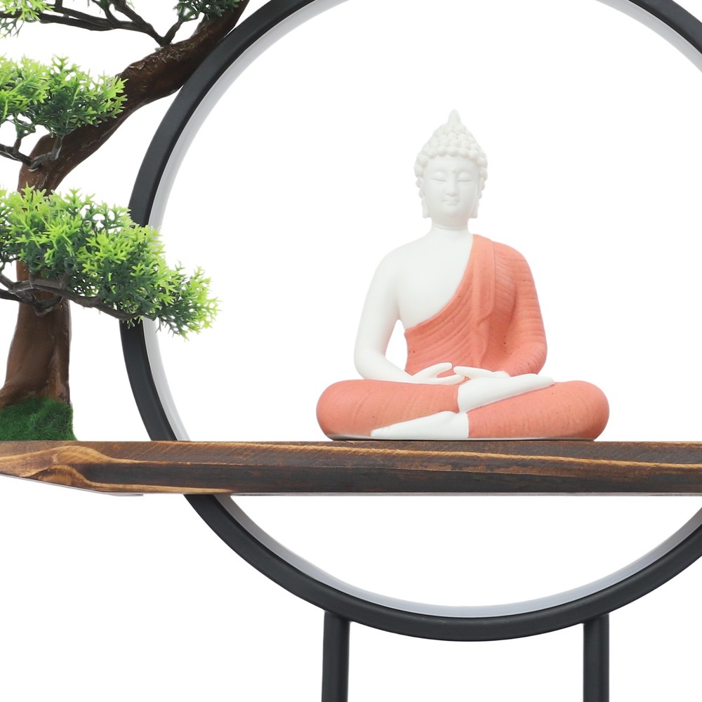 Buddha Statue Circle Lamp Tabletop LED Lighting Light with Green Artificial Tree