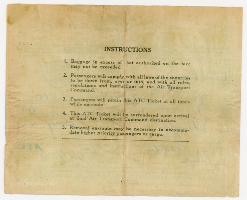 1945 Air Transport Command Army Air Forces Restricted Flight Ticket #KR