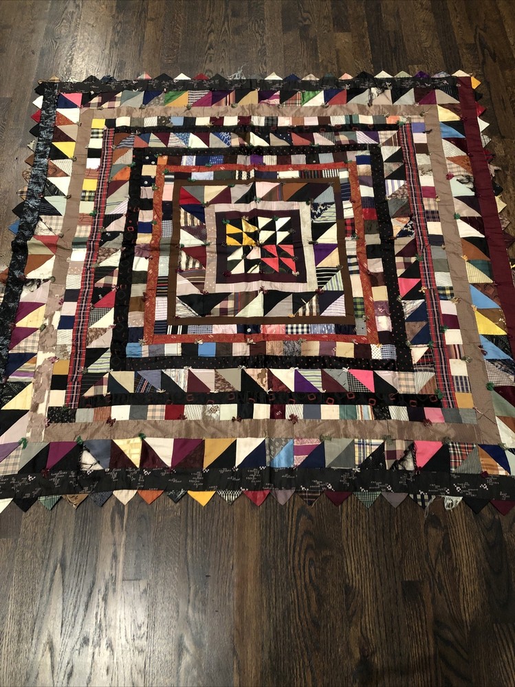 Antique Silk Crazy Quilt With Triangular Border