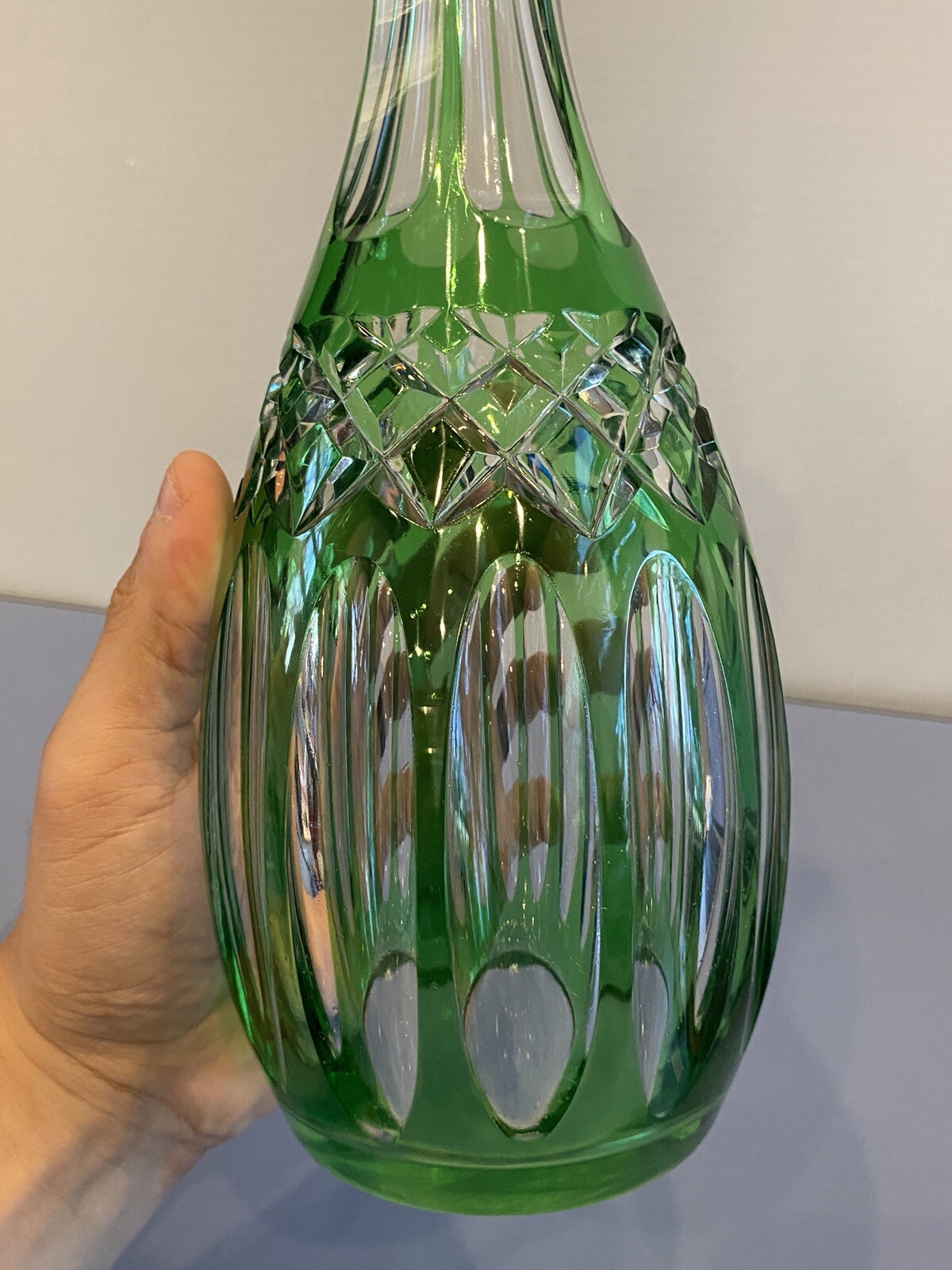 STUNNING VTG Emerald Green Cut To Clear Crystal Decanter W/Stopper 15.25"H