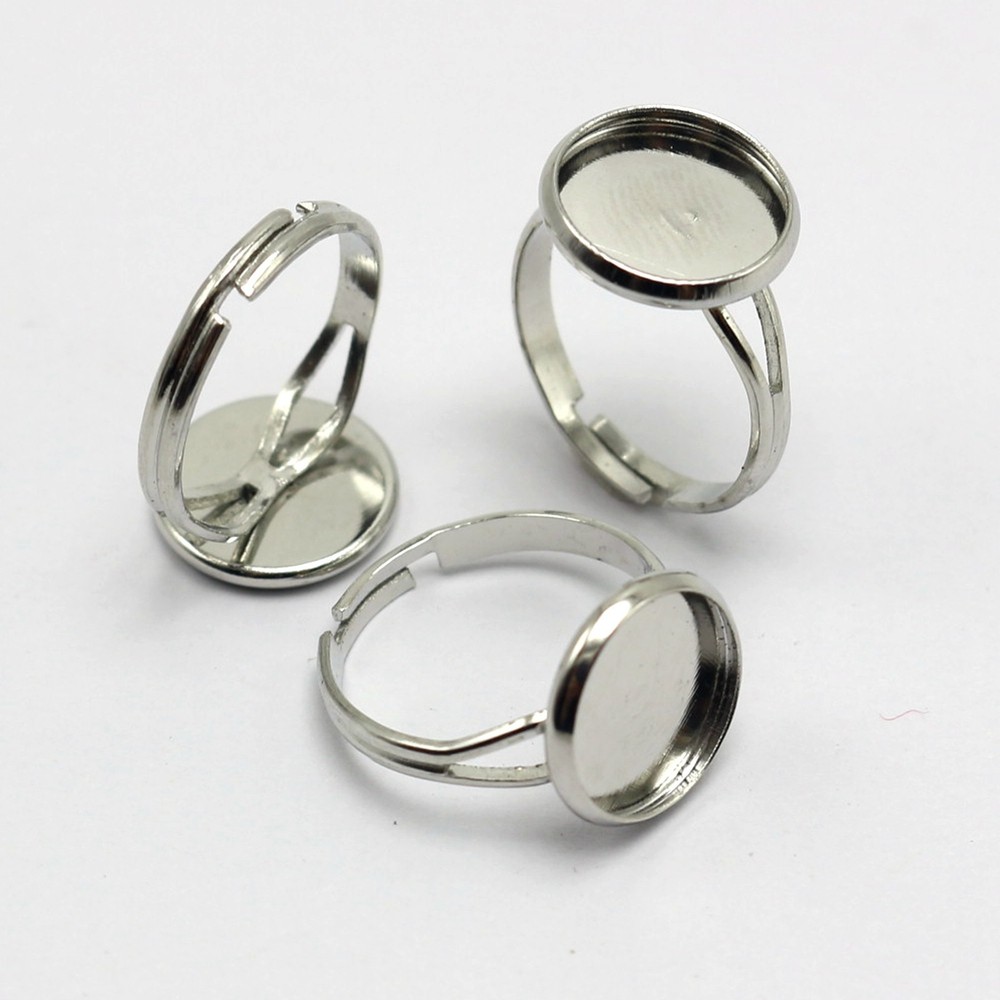 20 Silver Tone Adjustable Ring Round Blank Cabochon Pad Bezel Setting Cup 12mm