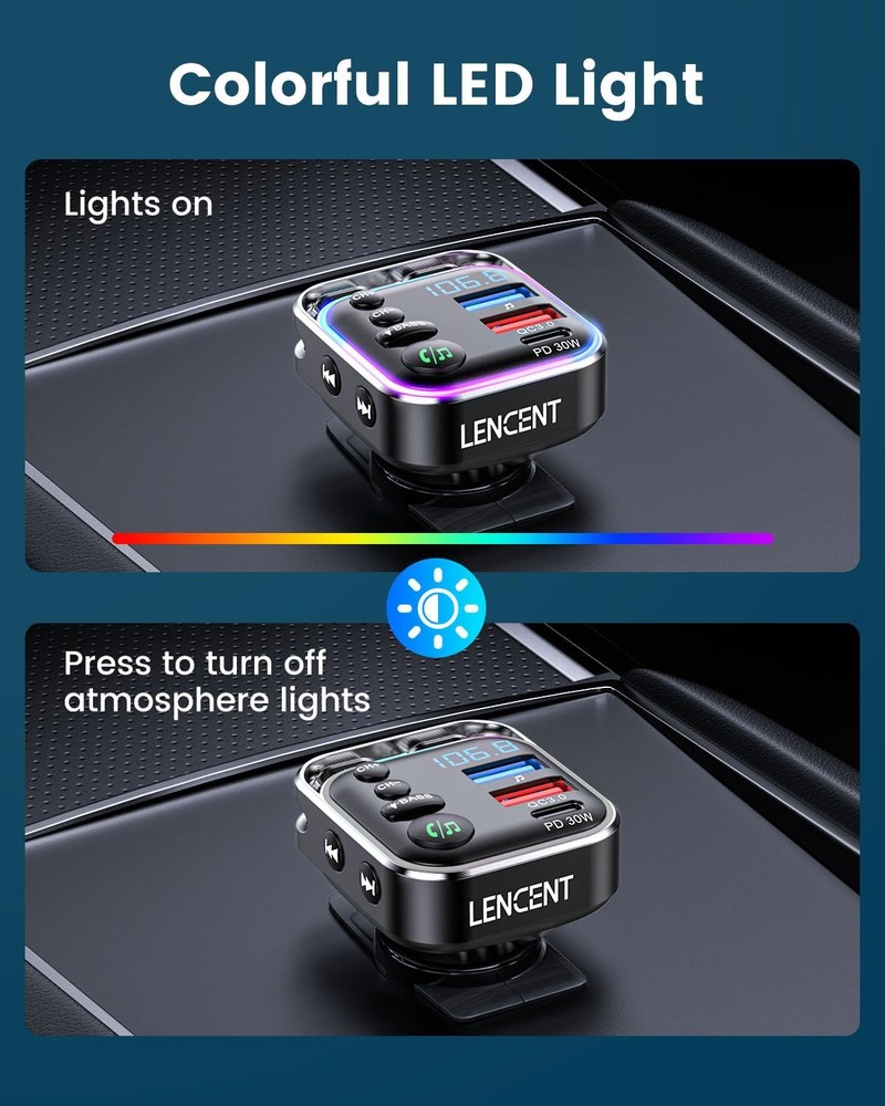LENCENT Bluetooth 5.3 FM Transmitter Car Adapter 48W PD30W QC18W Fast Charge...