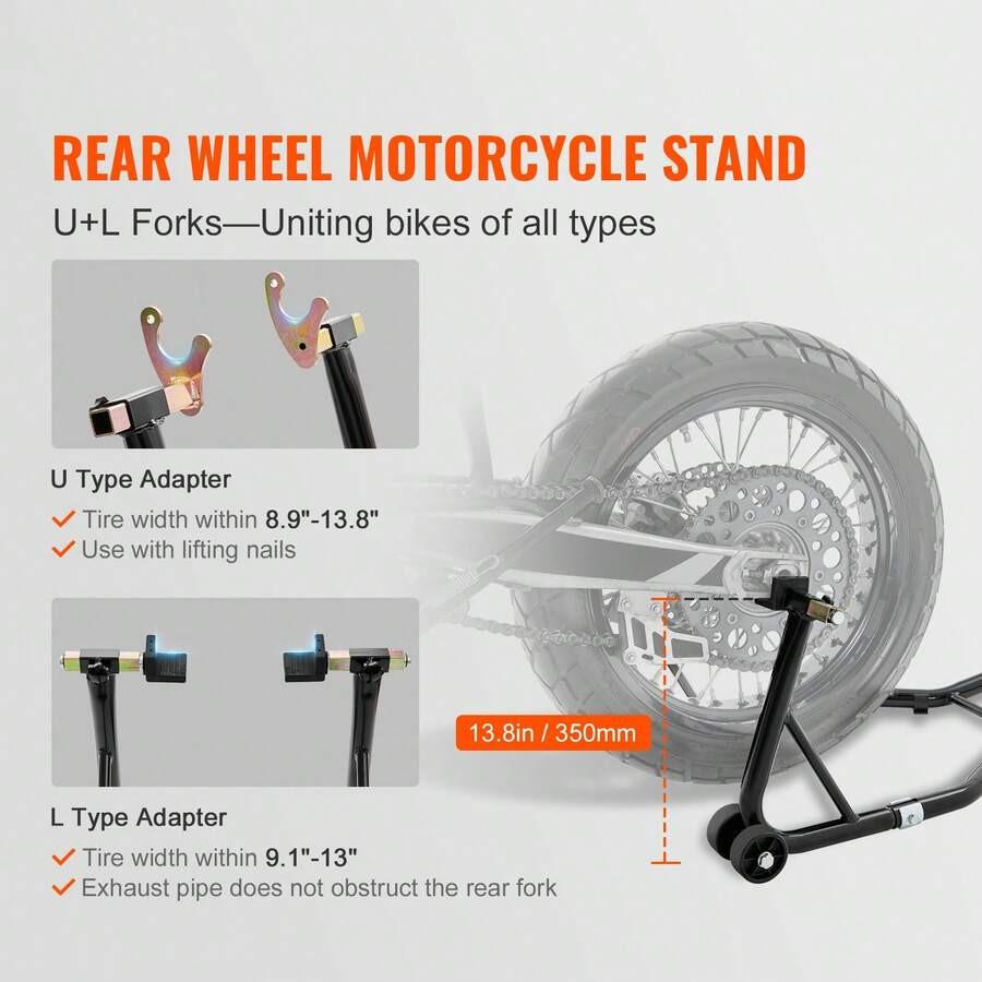 Motorcycle rear wheel bracket, 850 lbs load capacity, black.
