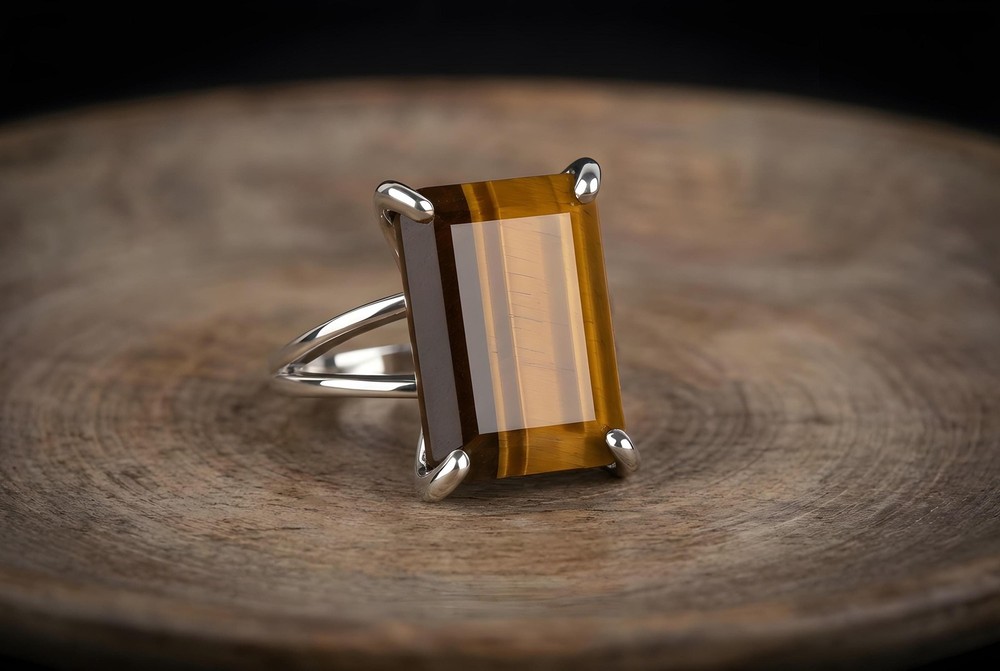 Sterling Silver Tiger Eye Ring Handmade Rectangle Gemstone Lightweight Fit
