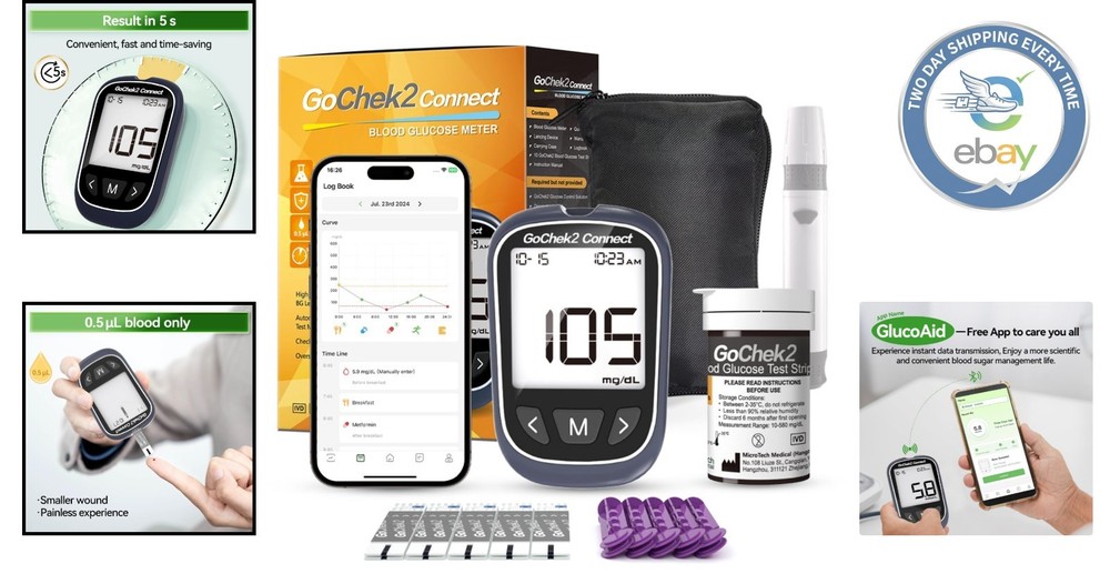 Gocheck2 Bluetooth Blood Glucose Monitor Kit - Fast 5-Second Testing, No Coding