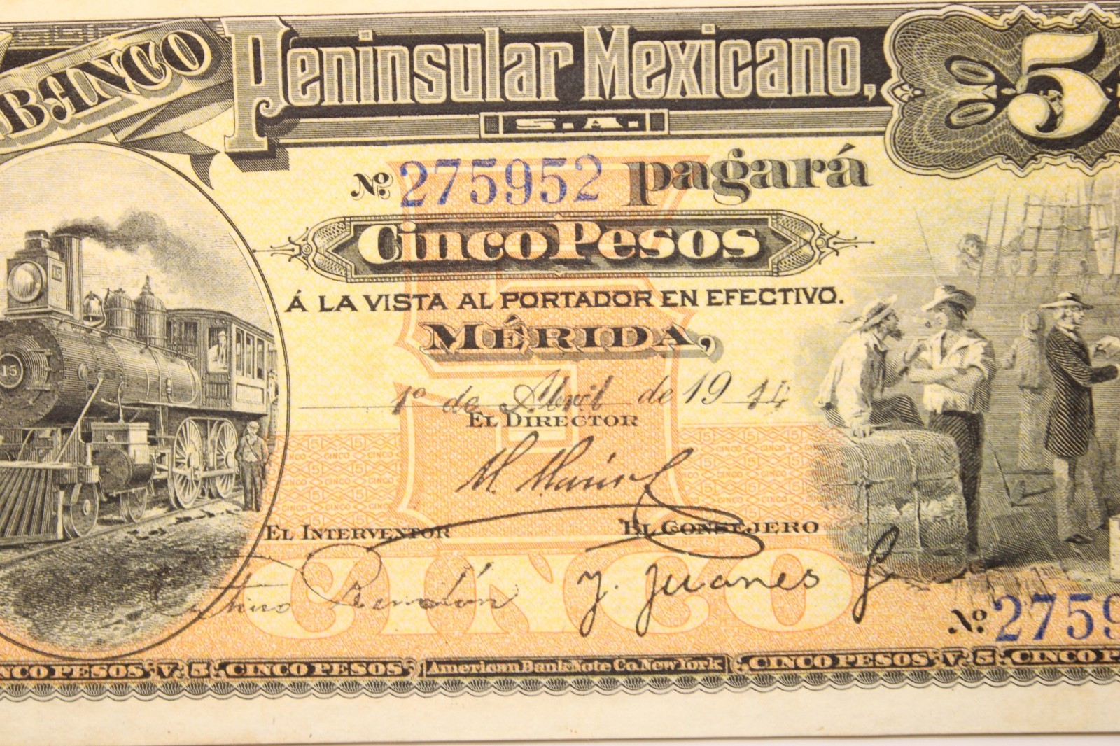 Yucatan Peninsular Mexicano Bank Note S465a 1914 Mexico 5 Peso . AU # 0400