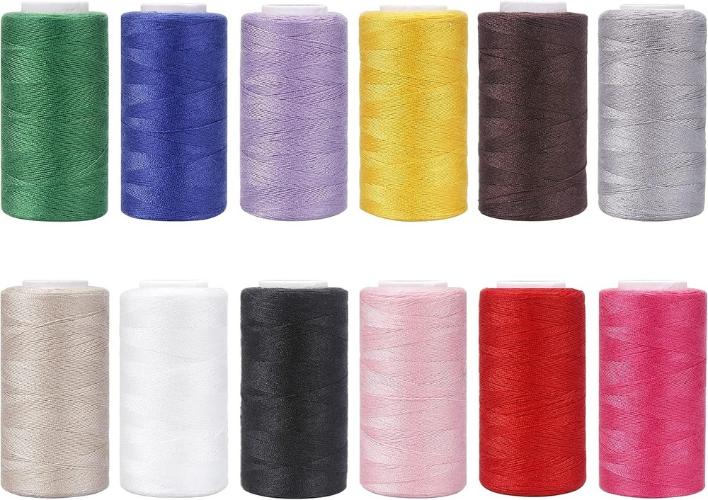 12 Color Polyester Sewing Thread Set with Prewound Bobbins 382Y Each