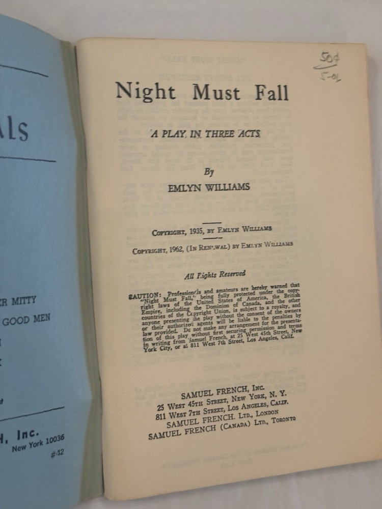 NIGHT MUST FALL Emlyn Williams vintage Samuel French SCRIPT acting edition