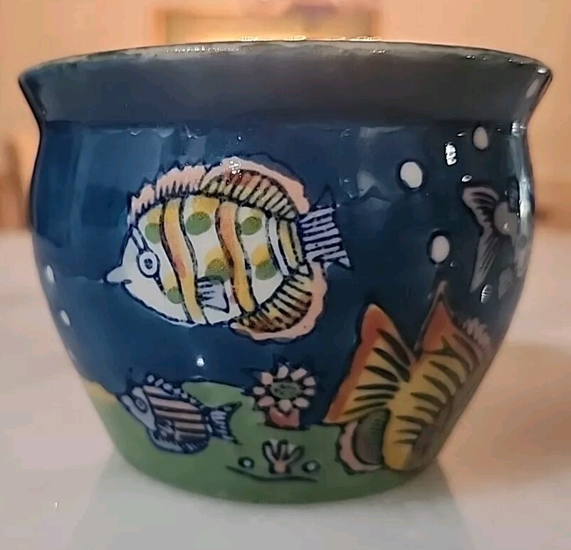 Vintage Chinese Small 3" Planter Dark Turquoise Blue Handpainted Ocean Fish