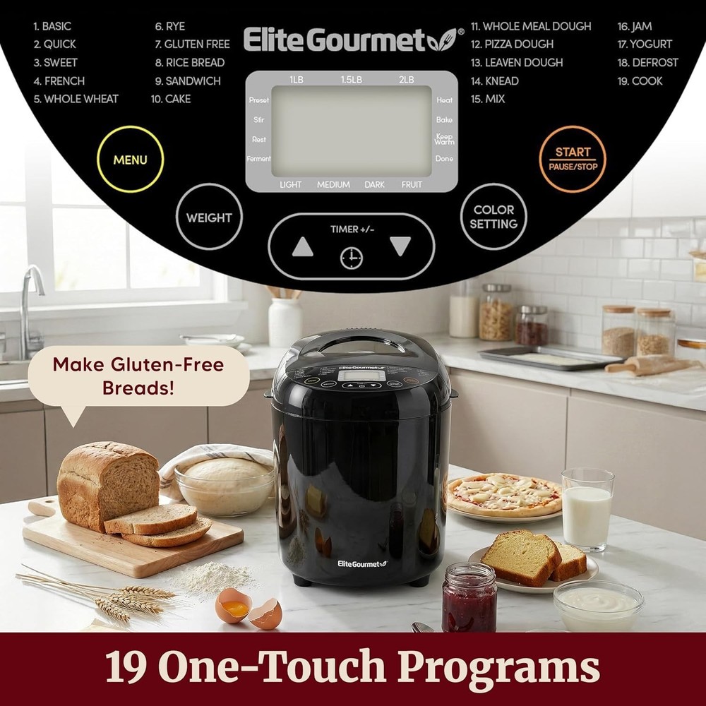 Programmable Bread Machine, 2 lb Loaf, 19 Presets, Black