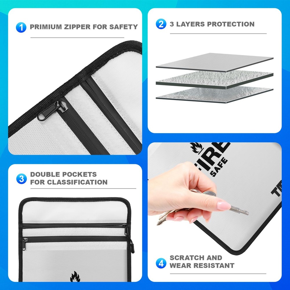 TIPTAP Fireproof Document Bag with Two Pockets, 11x15IN Waterproof Silver