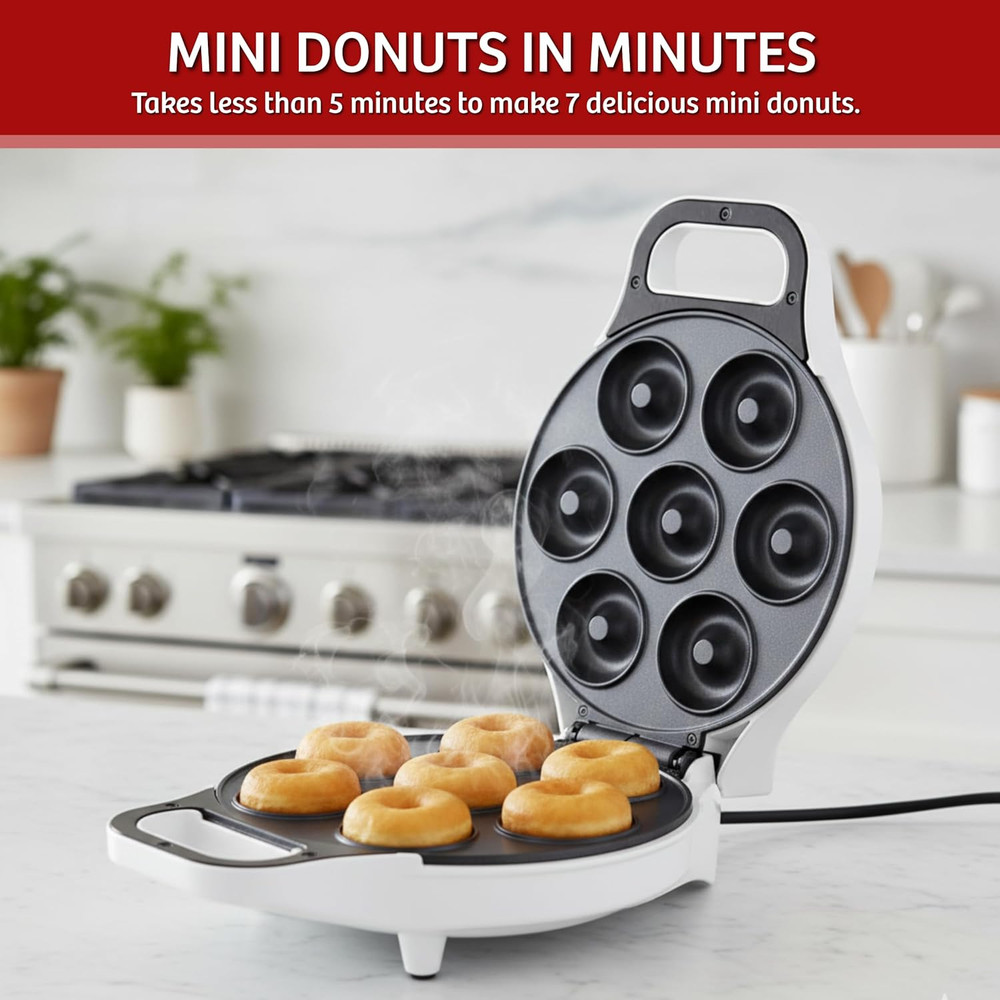 Mini Donut Maker, Durable, Nonstick Easy to Use Mini Baking Machine - Cooks 7 Mi