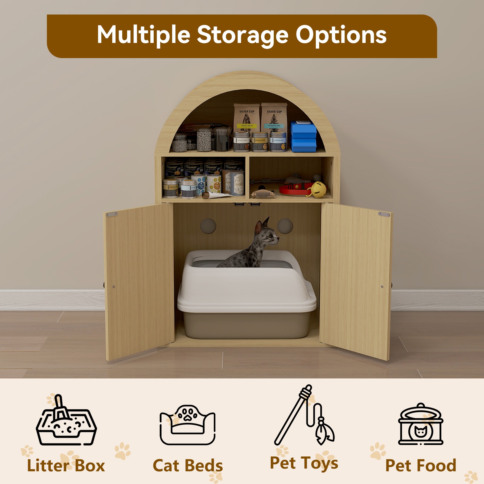 Arched Cat Litter Box Enclosure Furniture with Storage - Pet Supplies Organizer