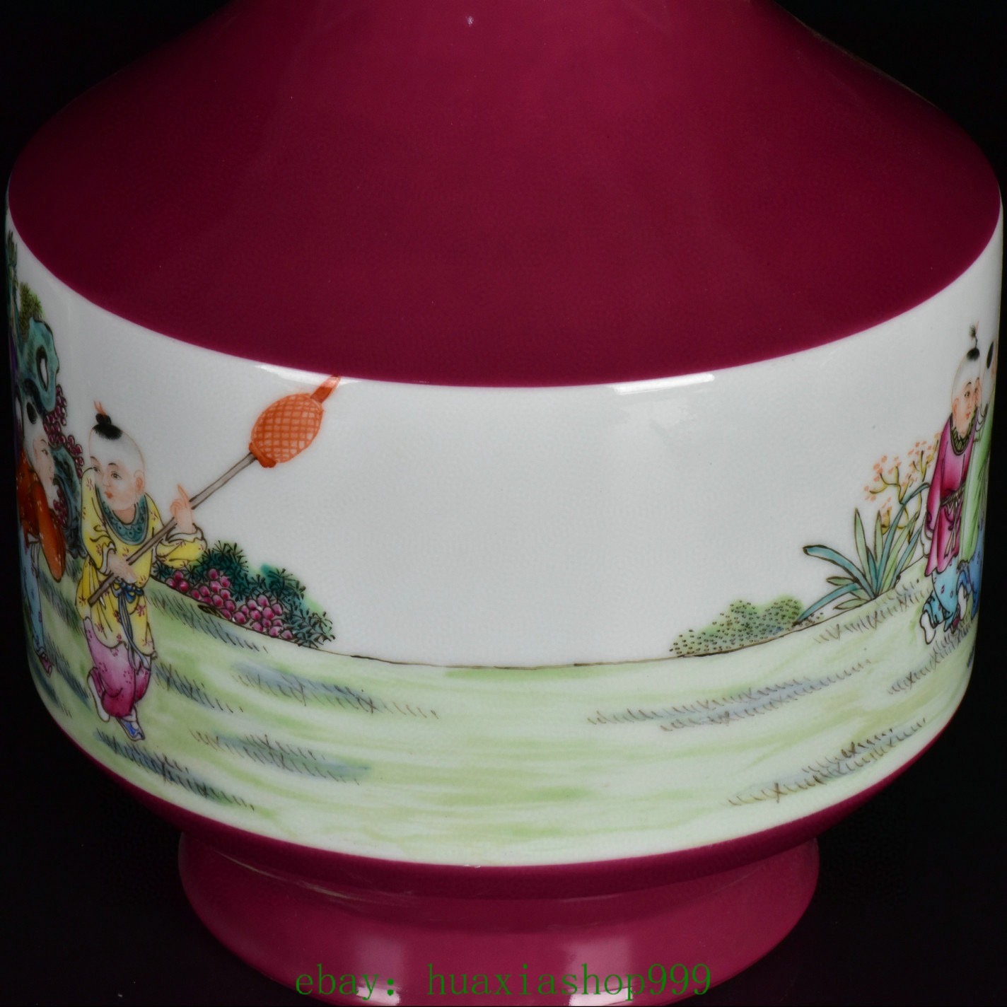 15.7"Purple Glaze Famille Rose Porcelain Gilt Tongzi Kid Boy 2 Ear Bottle Vase