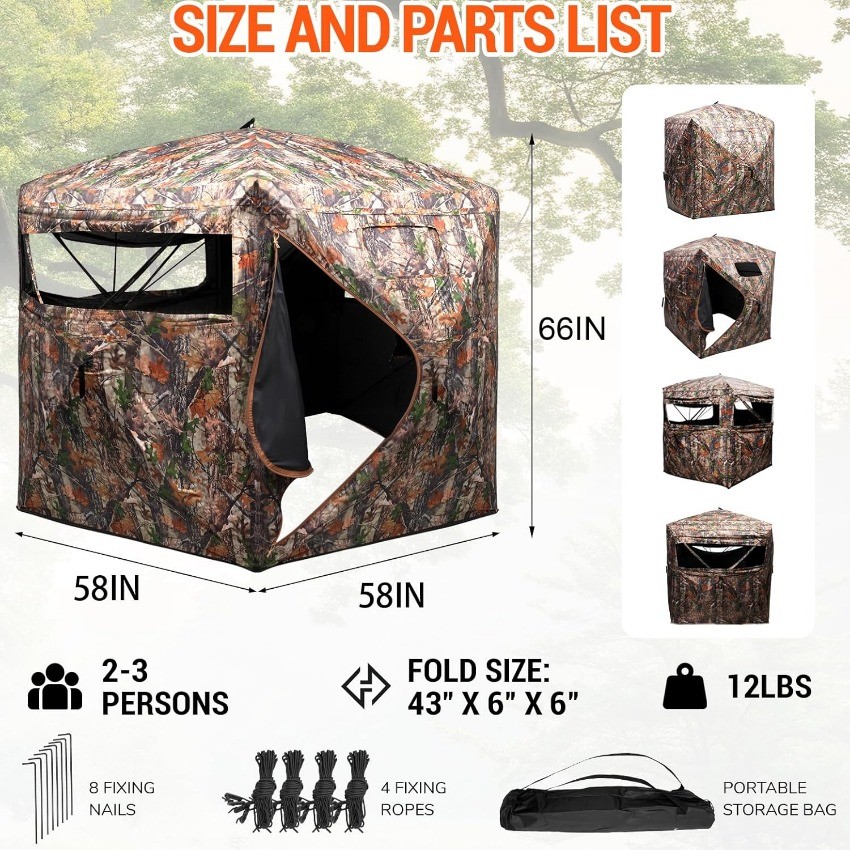 Hunting Blind 270/360 Degree See Through Ground Blind，2/3 Person 300D